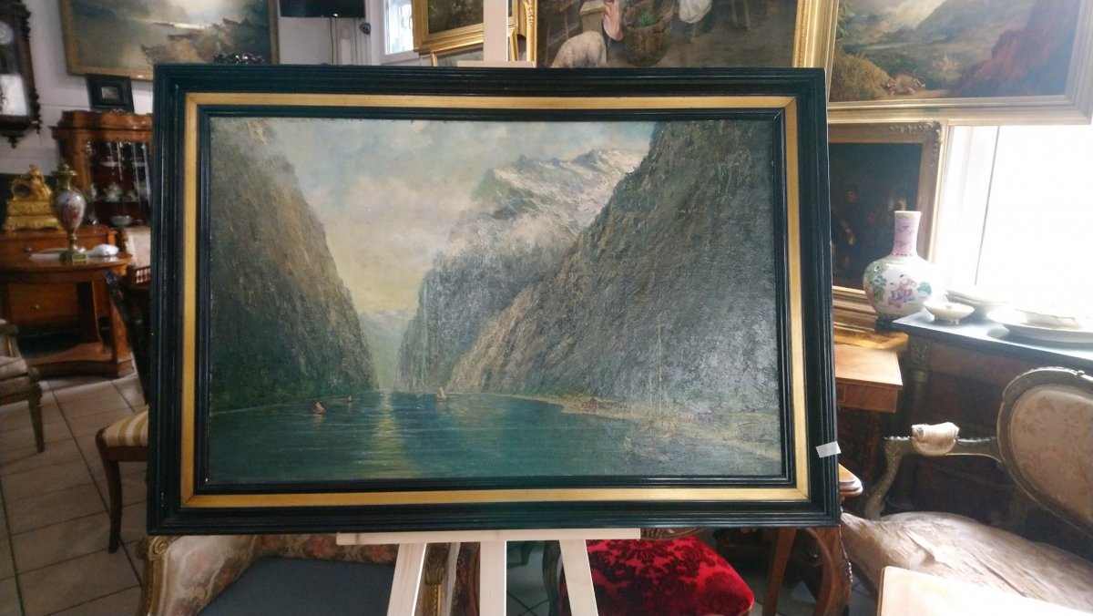 Beautiful View Of The Fjord, Signed By V. Hoffmann-photo-2