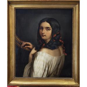 Young Girl With A Harp, 19th Century, Signed