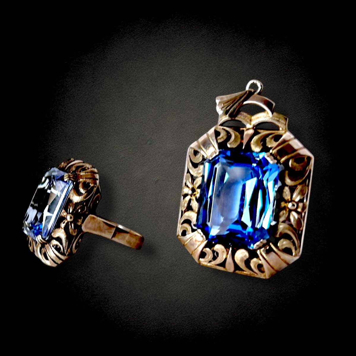 Pre-war Pendant And Ring With Blue Topaz-photo-4