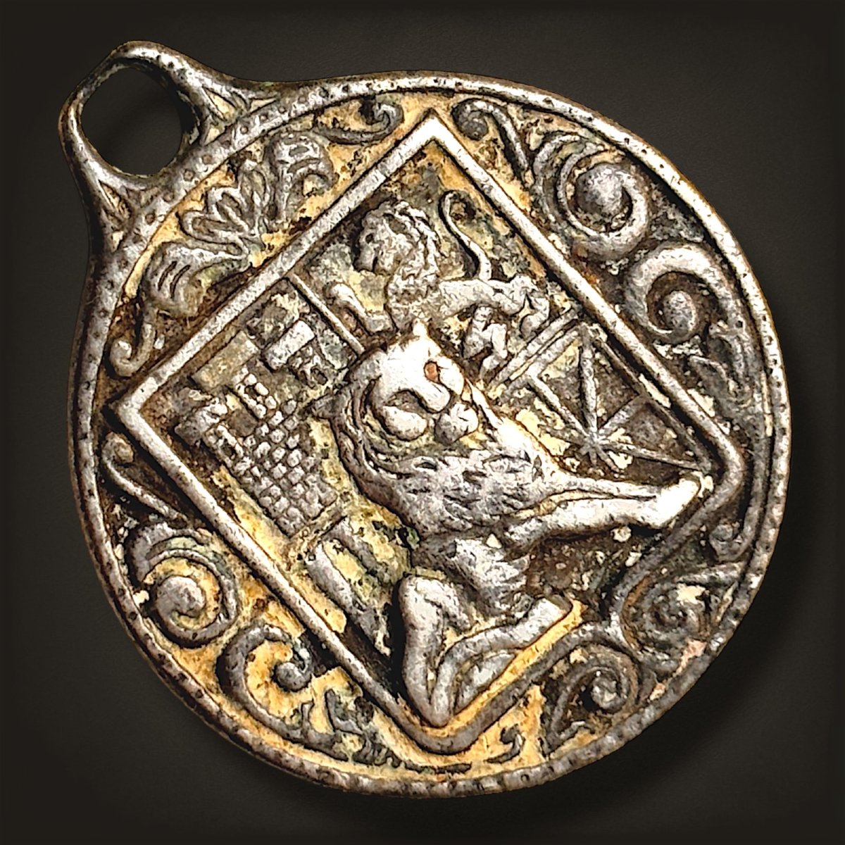 Silver Medal Adorned With The Spanish Royal Coat Of Arms And A Lion