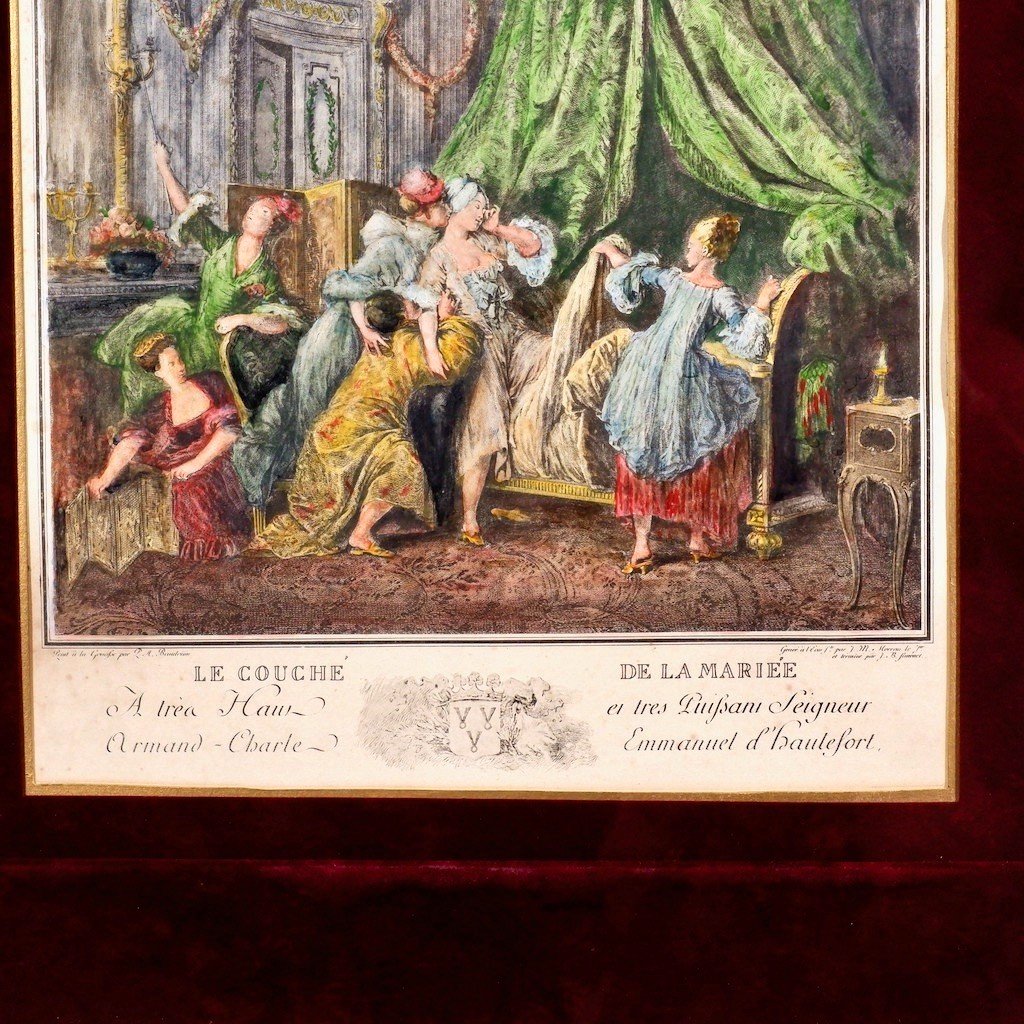 18ème siècle Gravure coloriée à la main 'Le Coucher De La Mariee'-photo-2