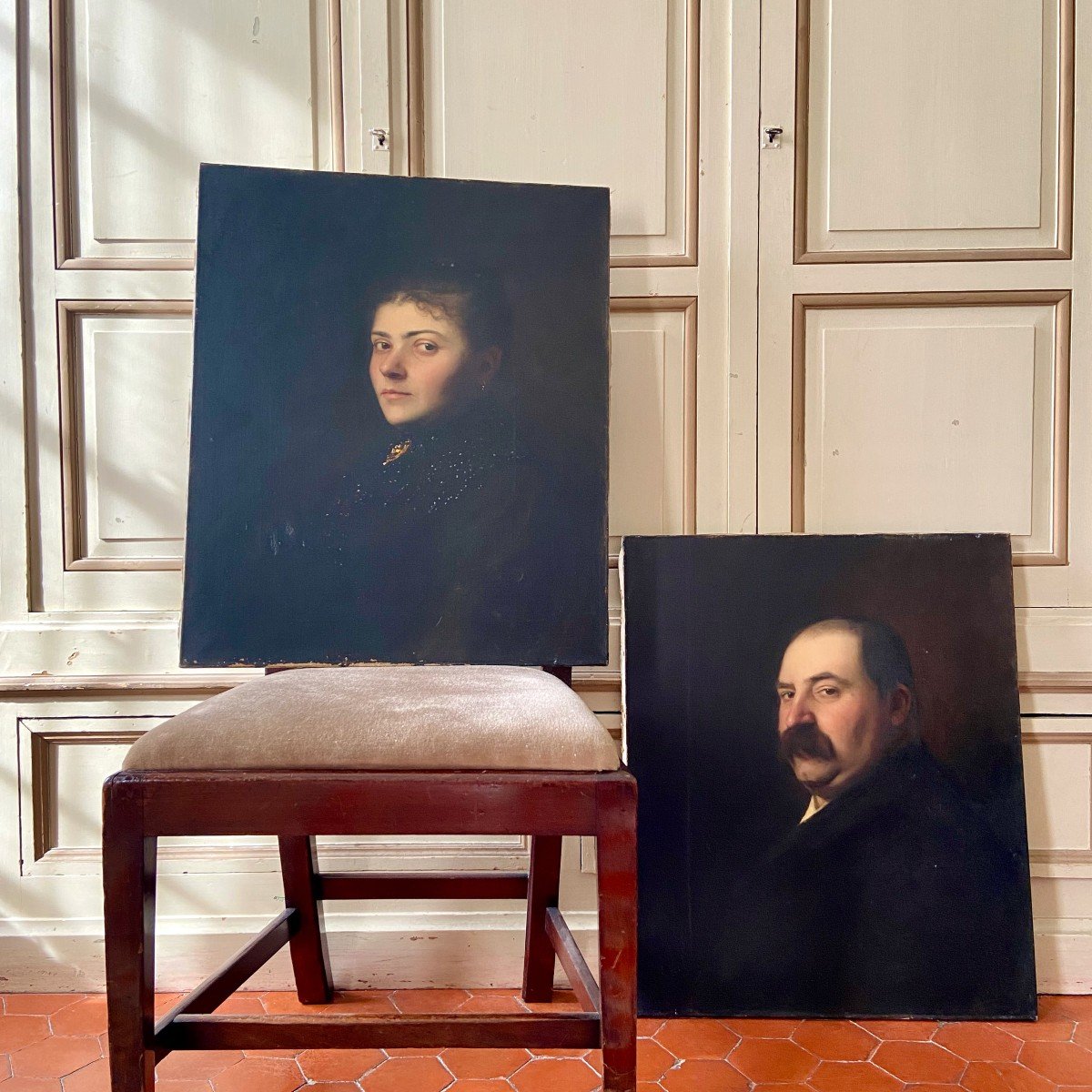 Paire de portraits à l’huile français du 19ème siècle-photo-2