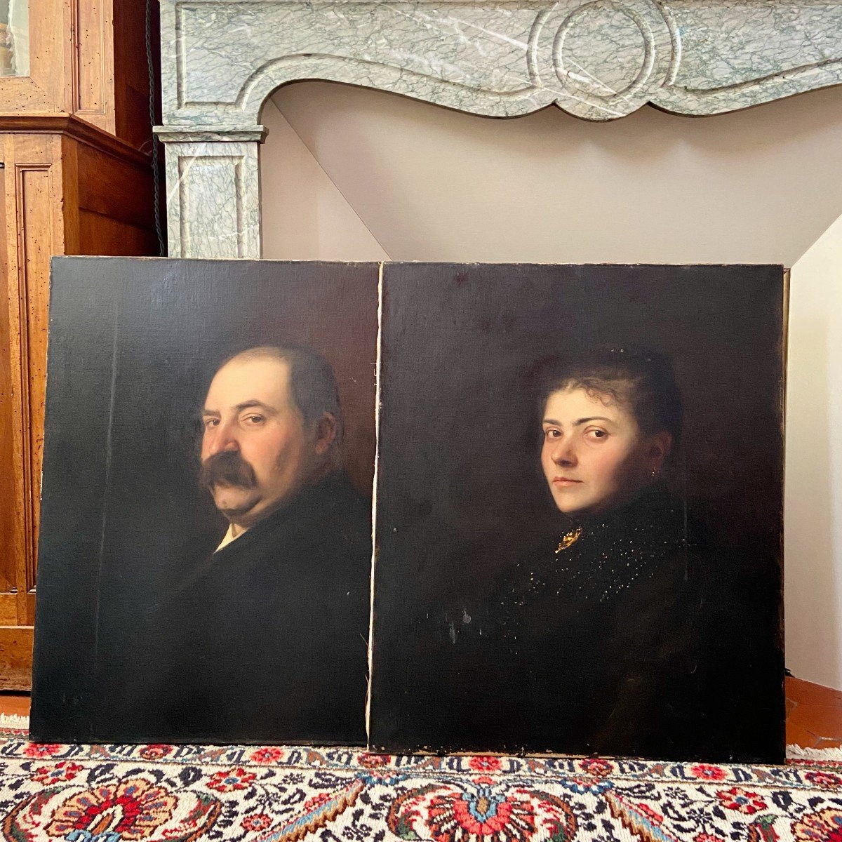 Paire de portraits à l’huile français du 19ème siècle-photo-1