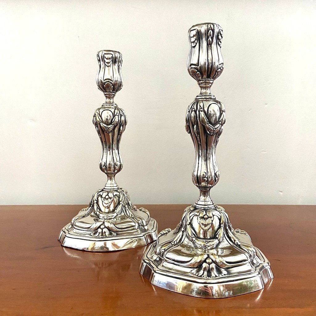 Pair of silver bronze baluster candle holders. 18th century-photo-3