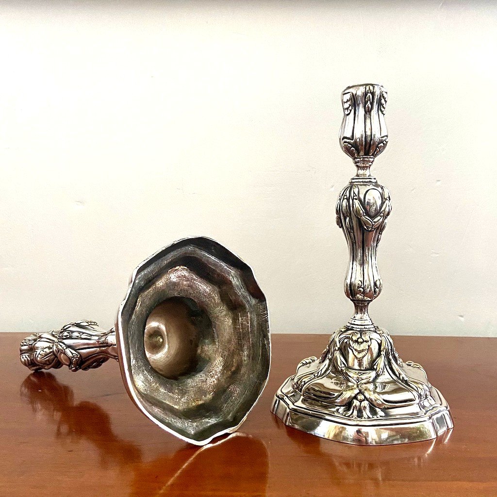 Pair of silver bronze baluster candle holders. 18th century-photo-4