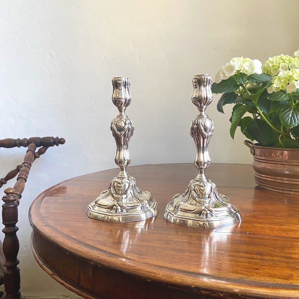 Pair of silver bronze baluster candle holders. 18th century-photo-2