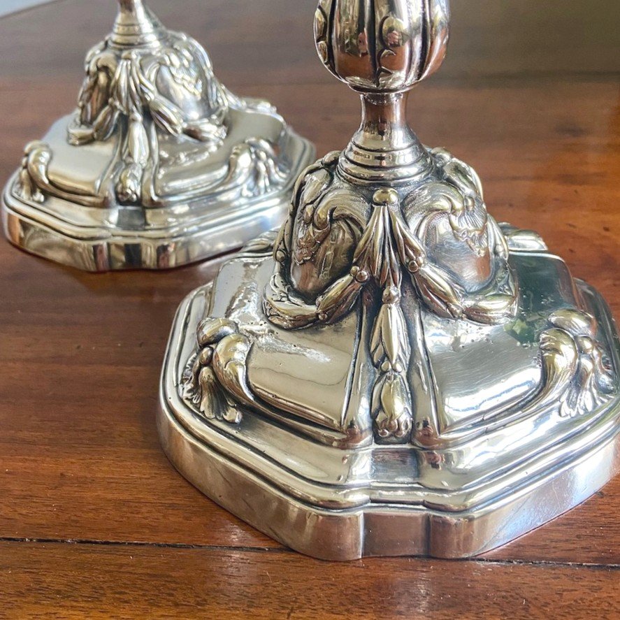 Pair of silver bronze baluster candle holders. 18th century-photo-3
