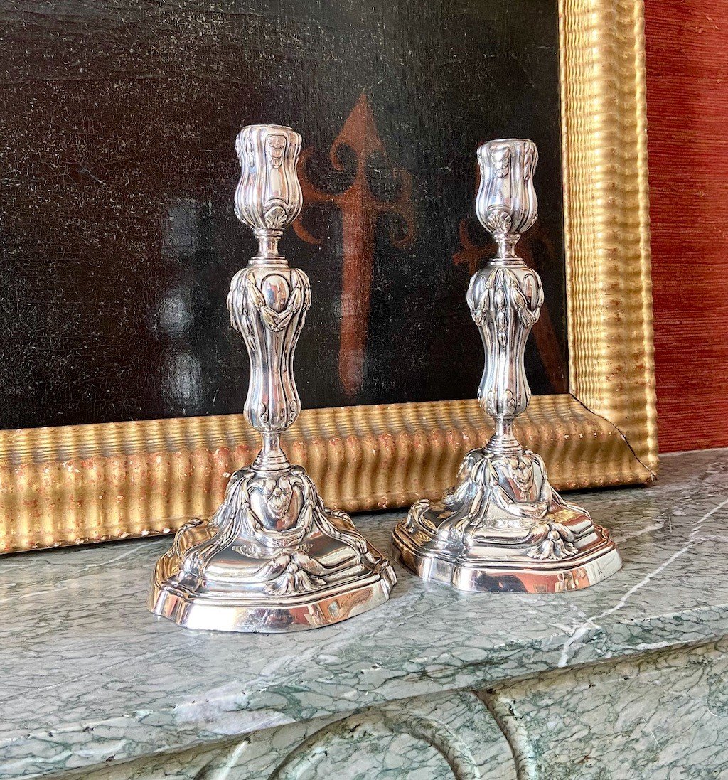Pair of silver bronze baluster candle holders. 18th century-photo-5