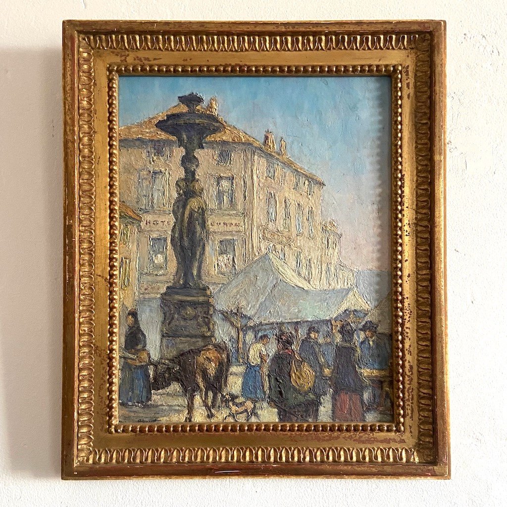 Une belle peinture à l’huile impressionniste d’un marché d’une ville française