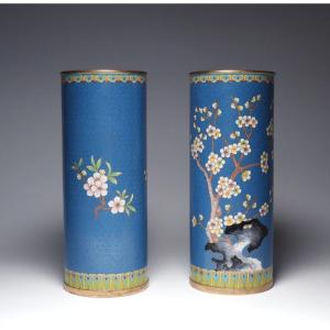 Pair Of Cylindrical Chinese Cloisonne Vases From The Late Qing Dynasty