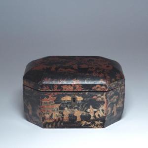 Ancient Chinese Export Octagonal Shaped Black Lacquer Tea Canister,