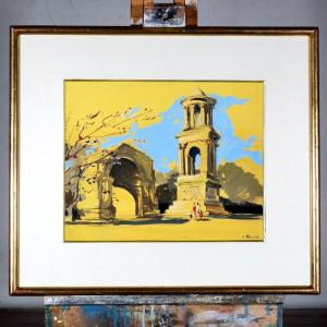 Peinture à La Gouache De l'Arc De Triomphe Et Du Mausolée De Glanum