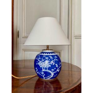 Lampe de table chinoise en pot à gingembre bleu et blanc