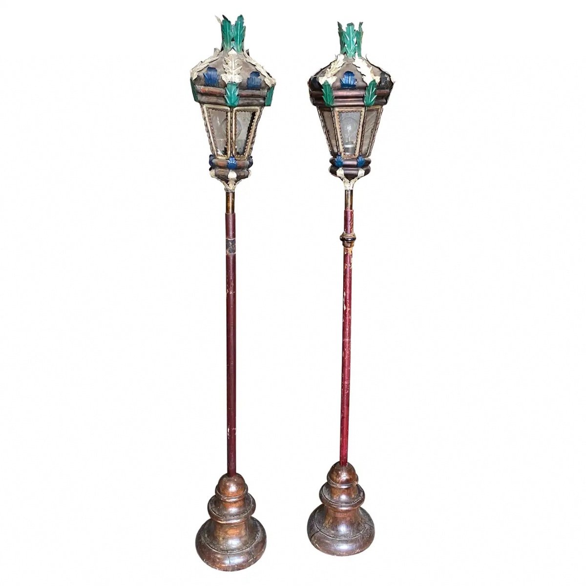 1850s Pair Of Wood And Painted Iron Religious Parade Lampposts-photo-1