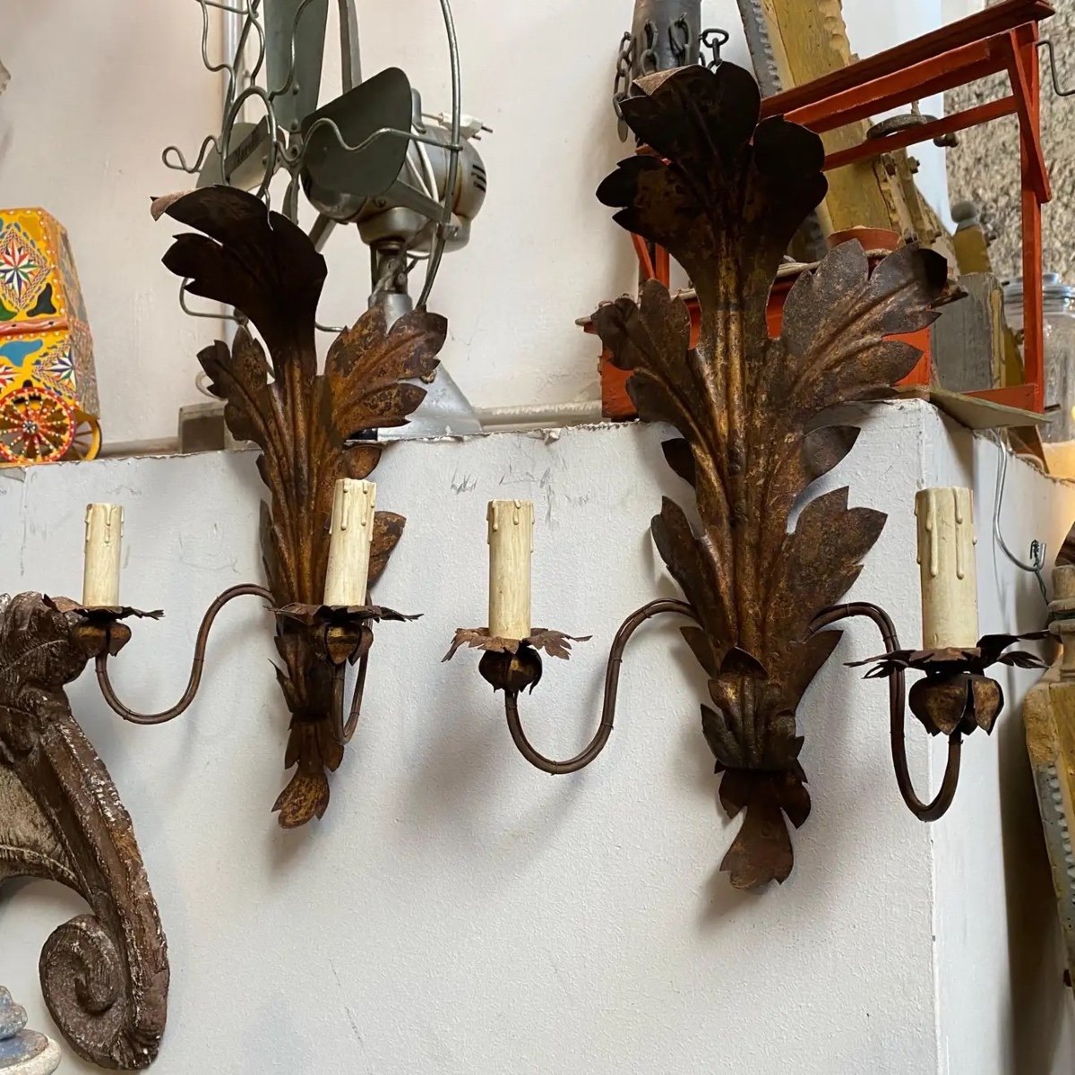 19th Century Iron Sicilian Electrified Candle Sconces-photo-4