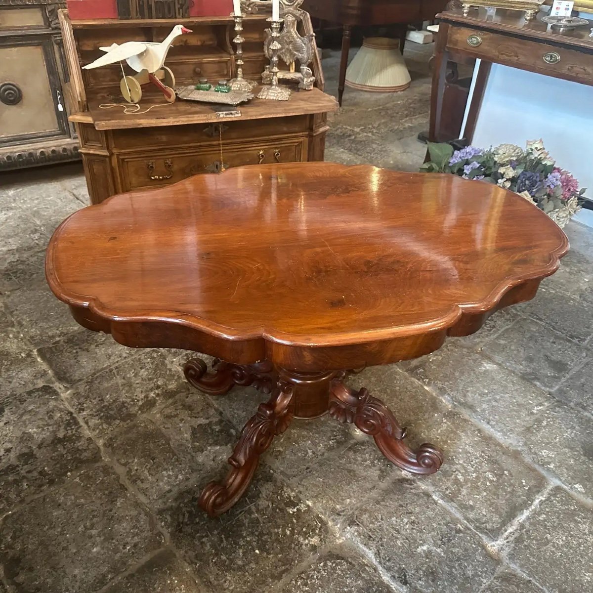 1880s Louis Philippe Mahogany Feather Turtle Shell Shaped Sicilian Side Table-photo-3