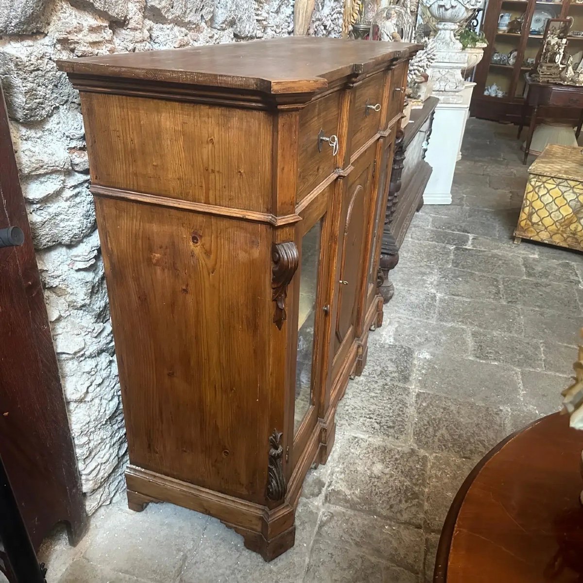 1870s Louis Philippe Hand-carved Fir Wood Sicilian Credenza-photo-2