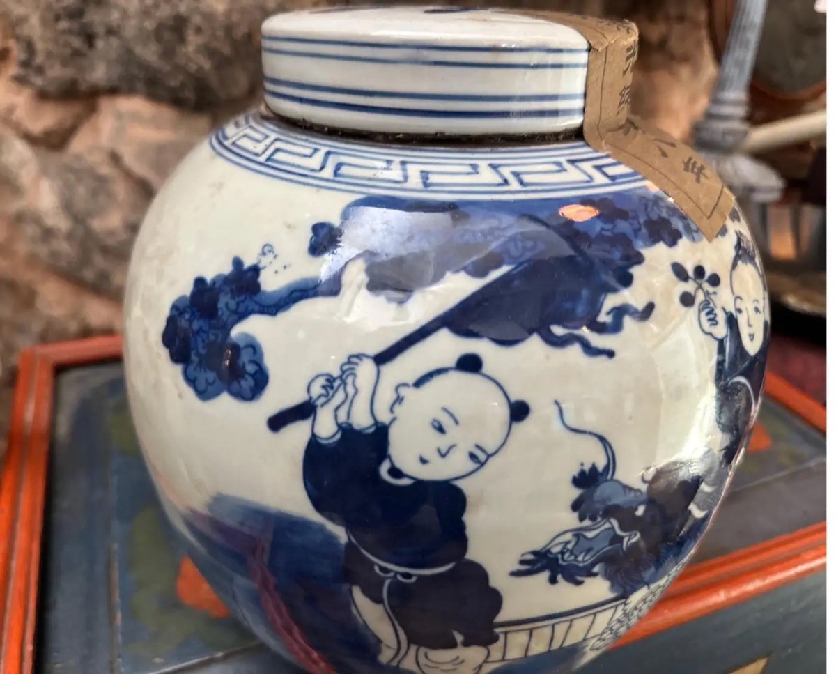 Pot De Gingembre Chinois Traditionnel En Céramique Bleue Et Blanche De La Fin Du 20e Siècle-photo-4