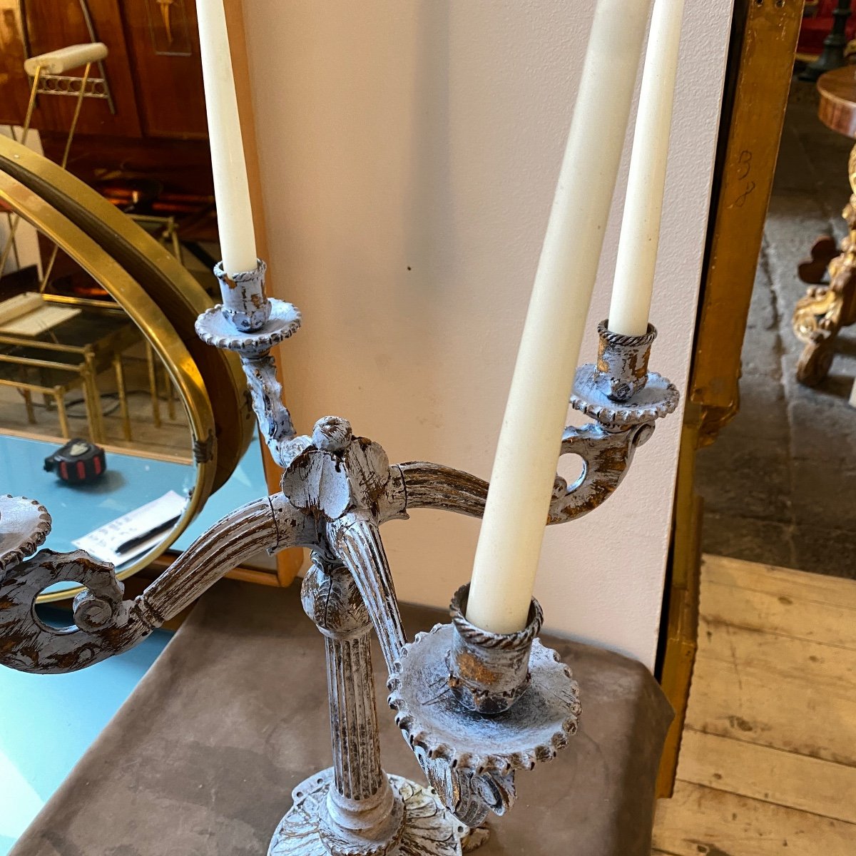 Sicilian Candelabra In Blue Painted Wood Louis Philippe Late Nineteenth Century-photo-3