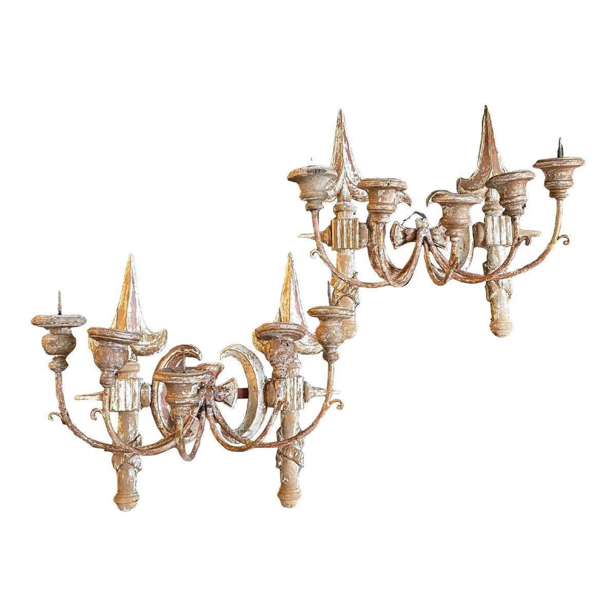 Late 19th Century Tuscan Wall Candelabras In Hand Carved Wood - Set Of 2