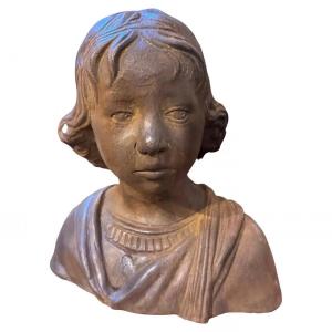 Buste Sicilien En Terre Cuite Artisanal Des Années 1930 d'Une Jeune Fille