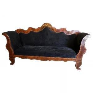 C. 1840 Charles X Inlaid Wood And Black Velvet Sicilian Sofa