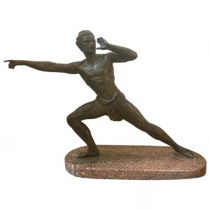 Sculpture En Marmo Et Antimonio Art Déco Des Années 30 d'Un Athlète De Jean De Roncourt
