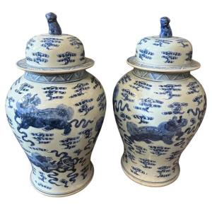 Mid-20th Century White And Blue Ceramic Chinese Ginger Jars