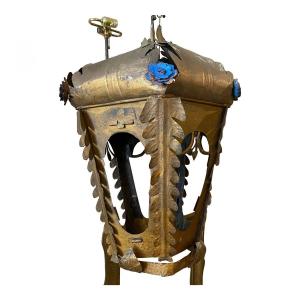 1900 Art Nouveau Lantern In Gold And Blue Painted Iron