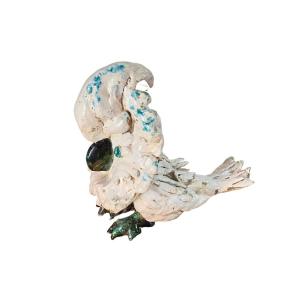 Sculpture Oiseau Céramique, émaillée, Couleur Blanc, Bleu Et Vert, France 1960