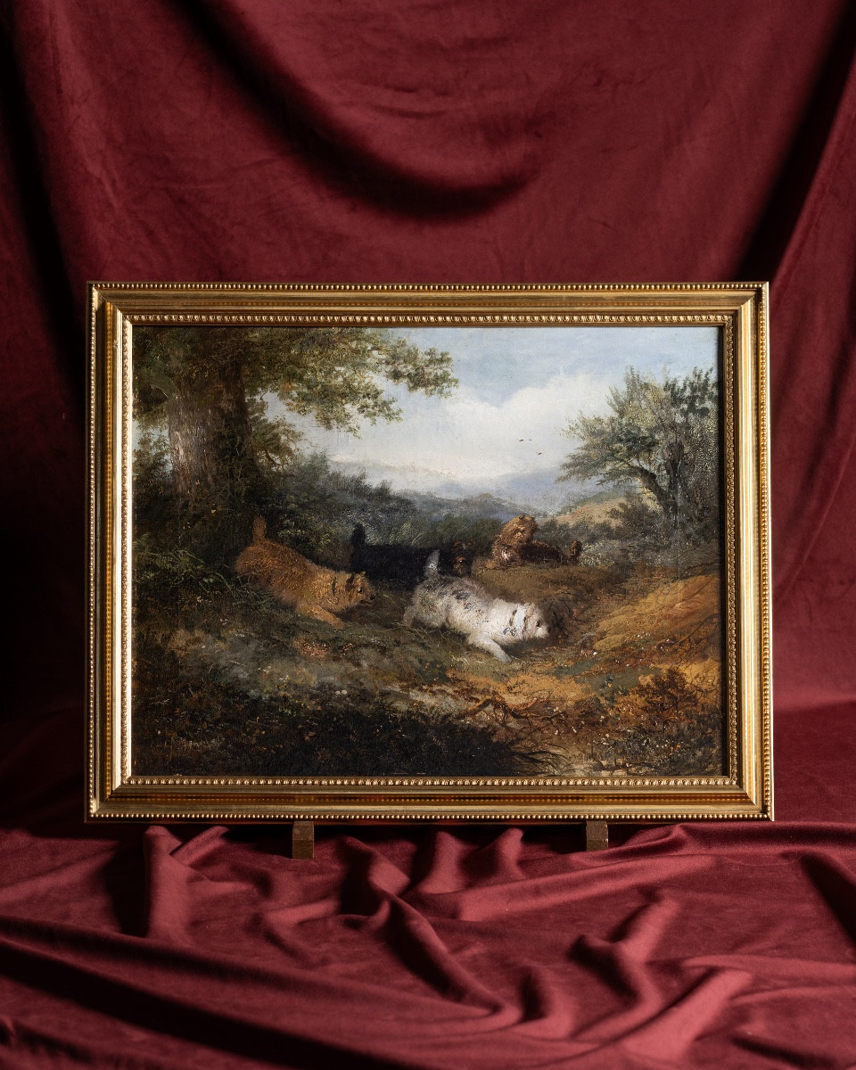 Peinture Avec Scène De Genre, Chiens En Train De Chasser  