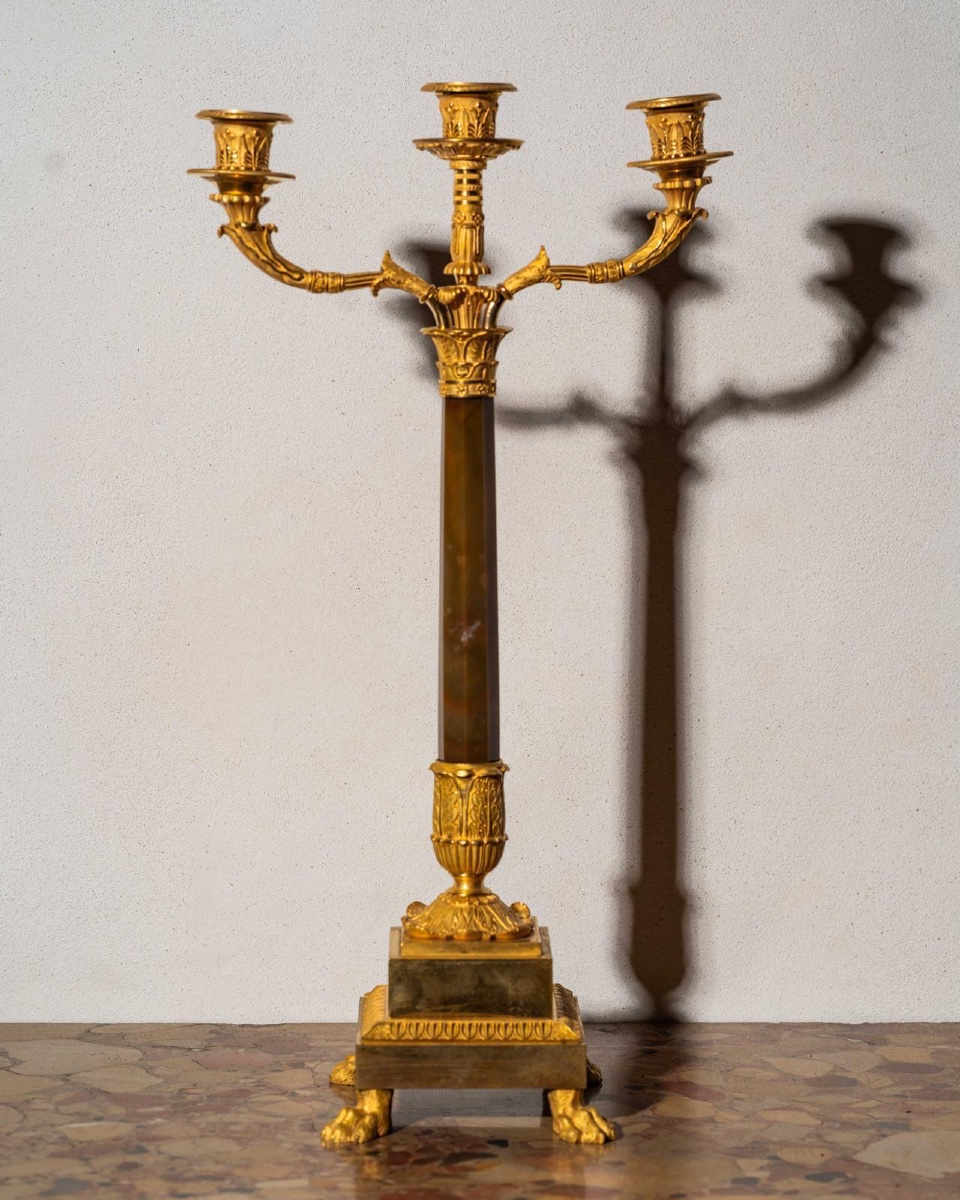 Pierre-philippe Thomire (paris, 1751–1843) Pair Of Candelabra Gilded Bronze With Agate Shaft-photo-1