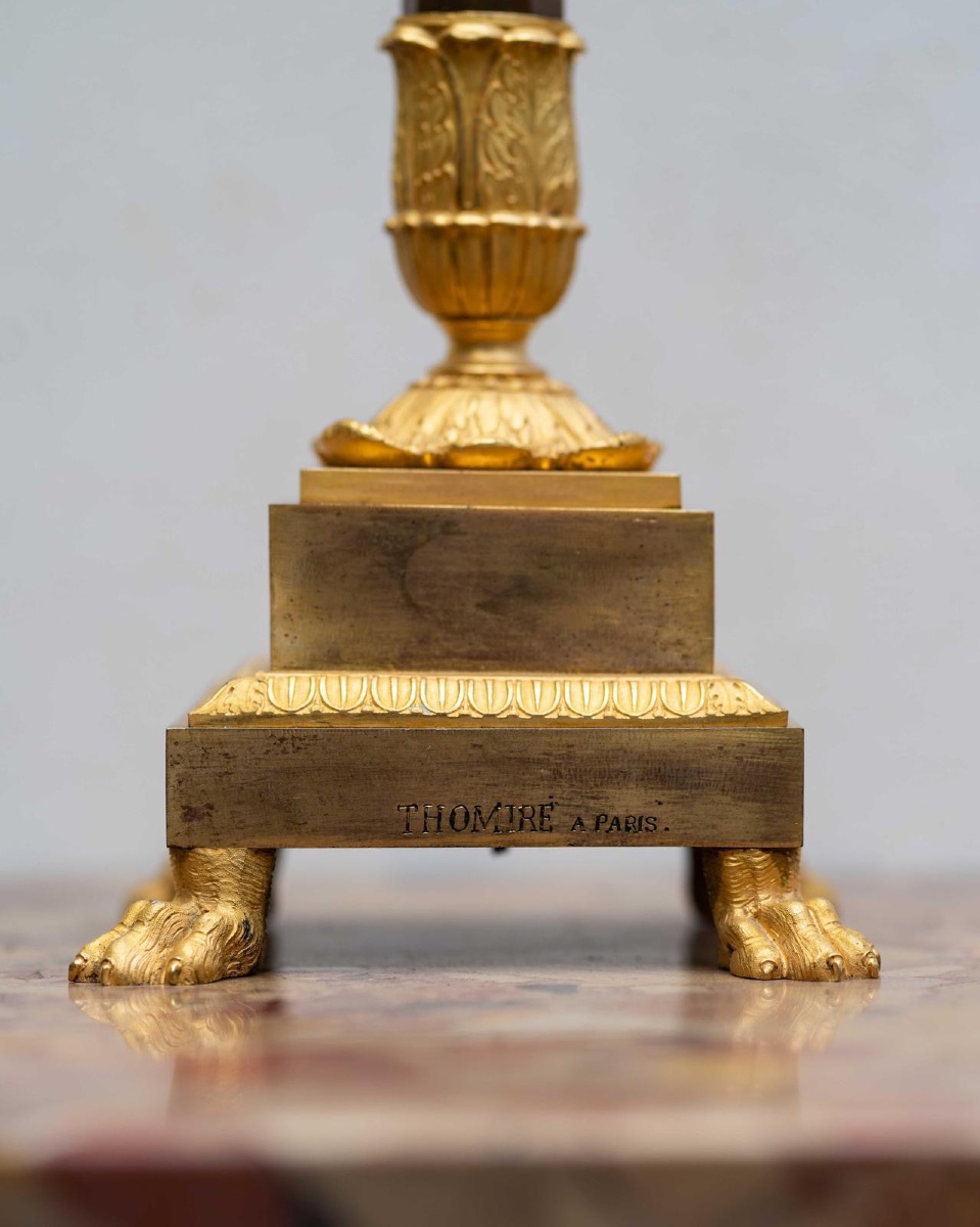 Pierre-philippe Thomire (paris, 1751–1843) Pair Of Candelabra Gilded Bronze With Agate Shaft-photo-2