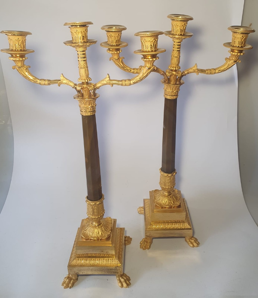 Pierre-philippe Thomire (paris, 1751–1843) Pair Of Candelabra Gilded Bronze With Agate Shaft