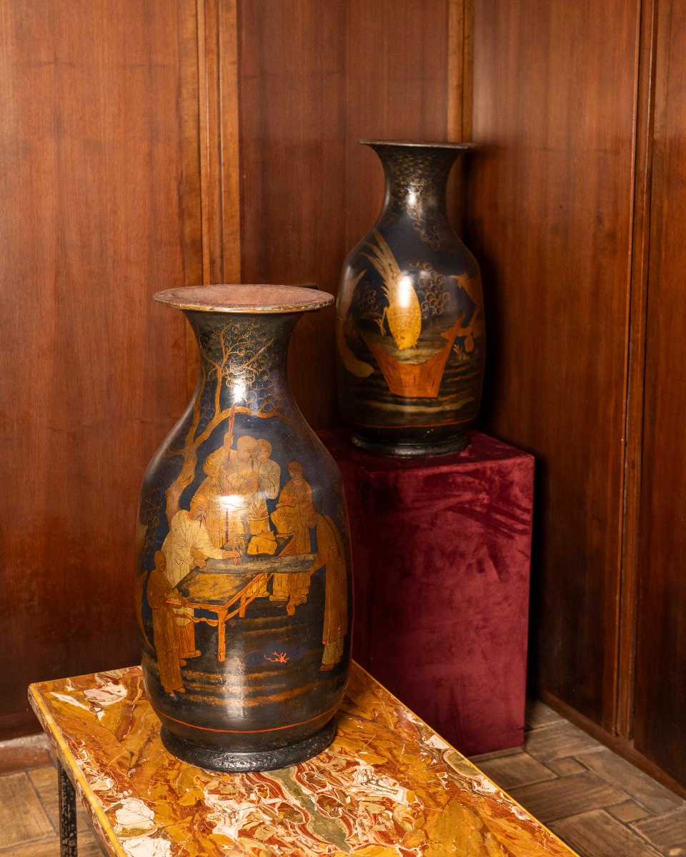 Pair of terracotta vases lacquered in chino isterie