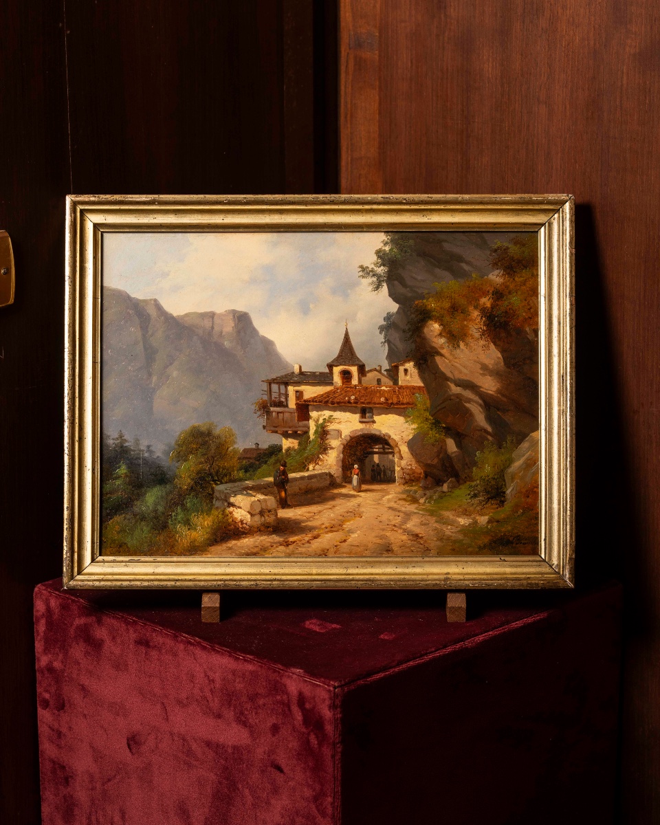 Landscape View Featuring An Alpine Cottage And Passersby