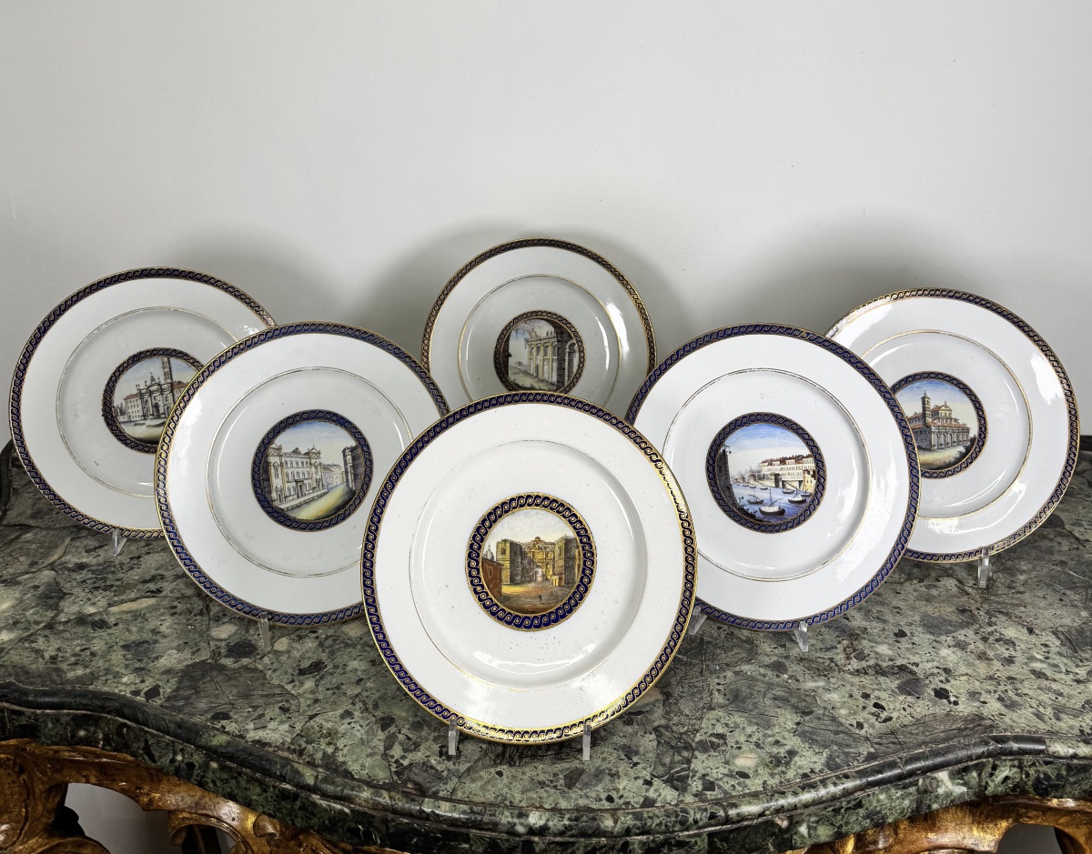 Groupe de six assiettes en porcelaine, Manufacture Ginori, en Douche, vers 1780.