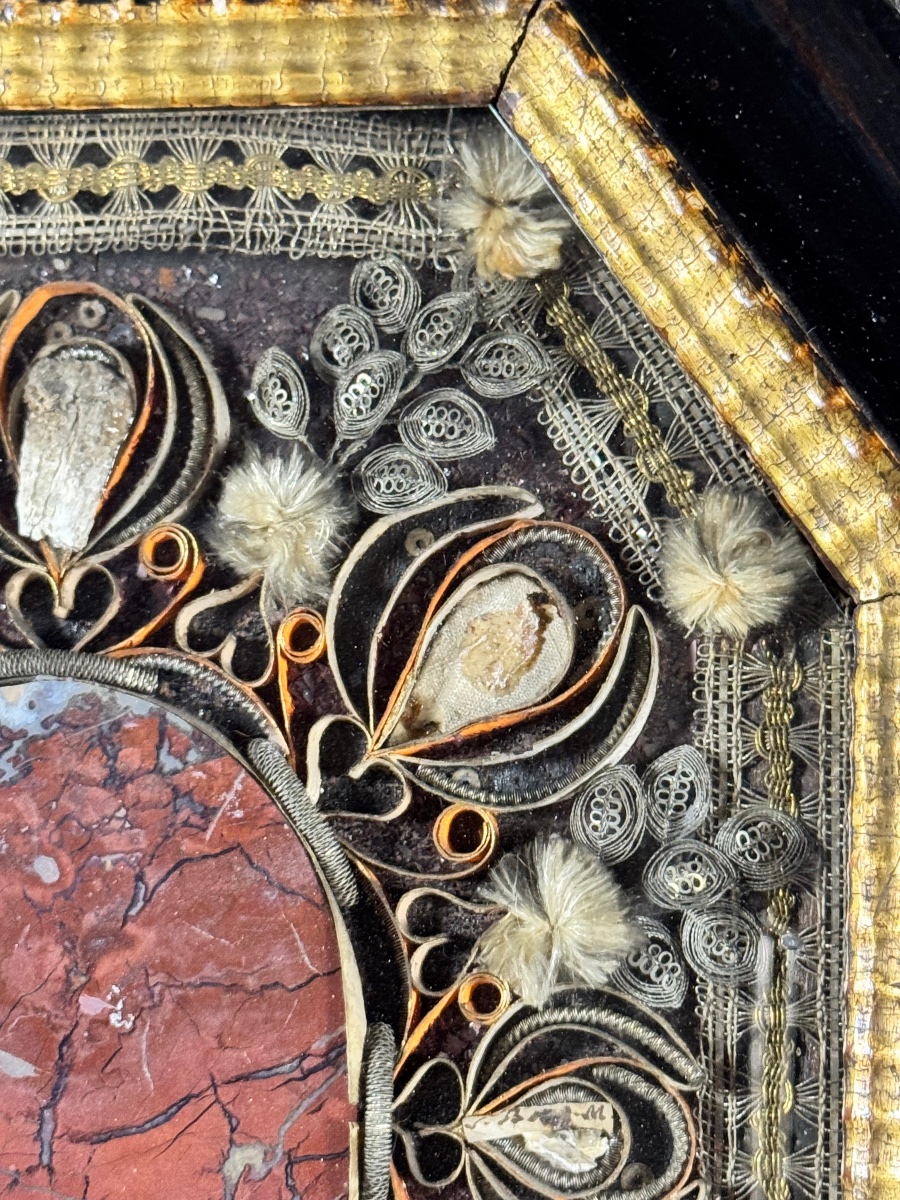 A Pair Of Silver Lace-work Reliquaries Set Within Two Octagonal Frames Made Of Ebony-stained Wood-photo-2