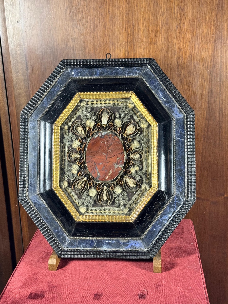 A Pair Of Silver Lace-work Reliquaries Set Within Two Octagonal Frames Made Of Ebony-stained Wood-photo-4