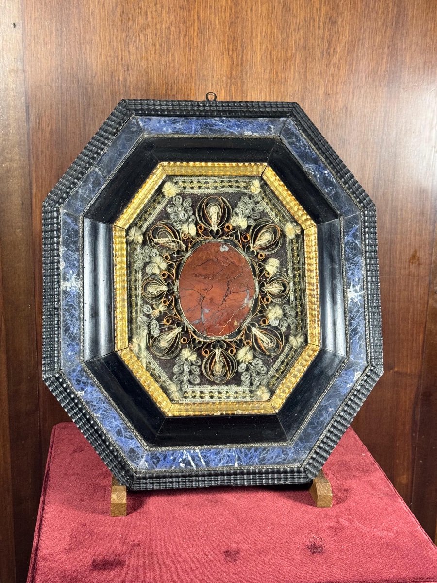 A Pair Of Silver Lace-work Reliquaries Set Within Two Octagonal Frames Made Of Ebony-stained Wood