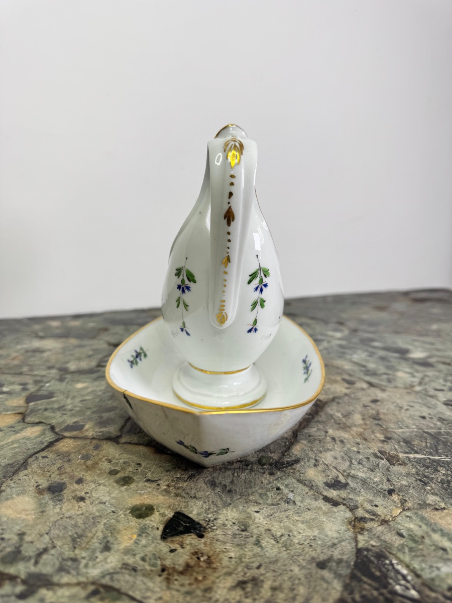 Paris Porcelain Sauce Boat With Tray, Made By Lebon-hallez, With Cornflower Decoration-photo-3