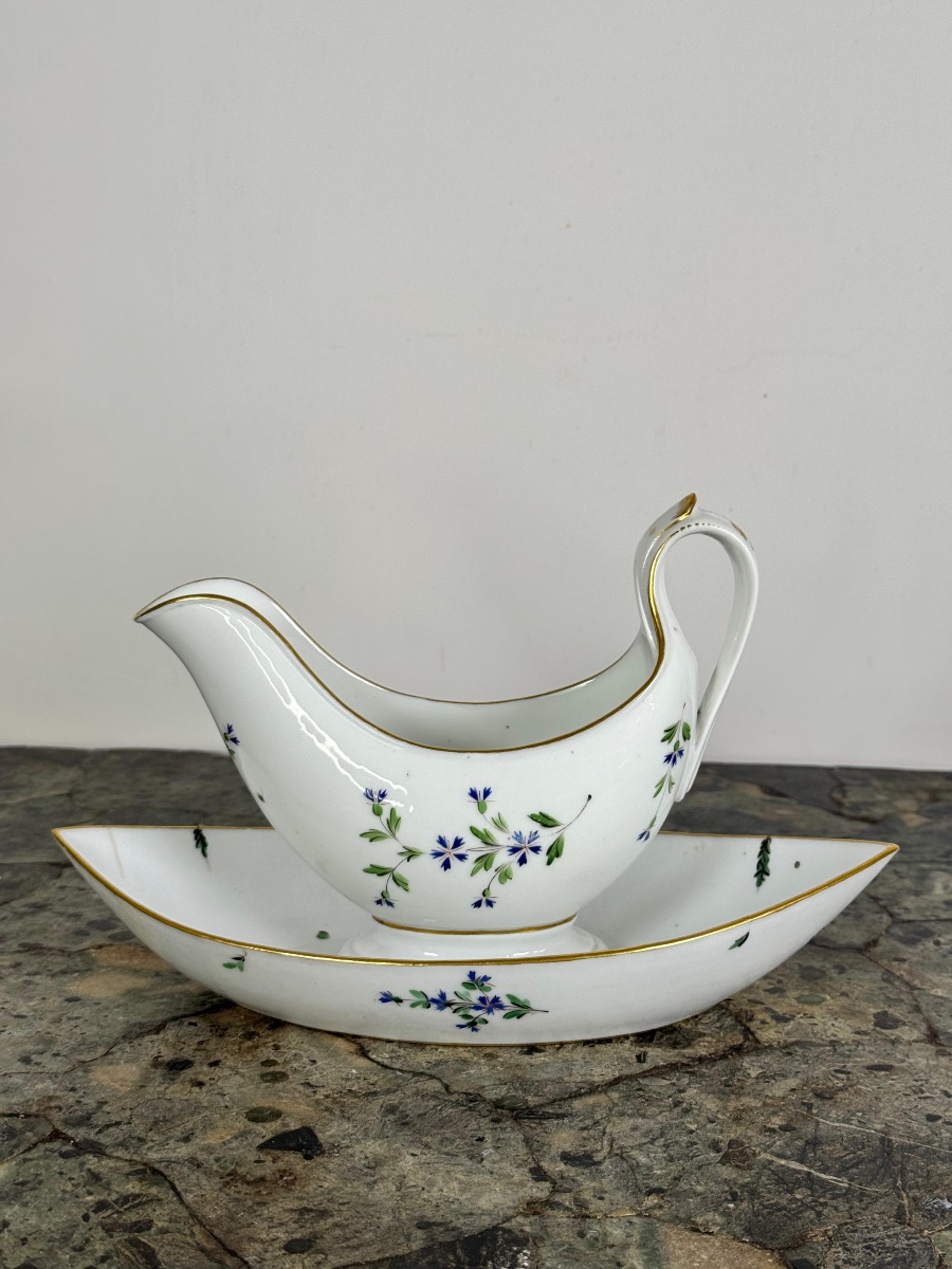 Paris Porcelain Sauce Boat With Tray, Made By Lebon-hallez, With Cornflower Decoration