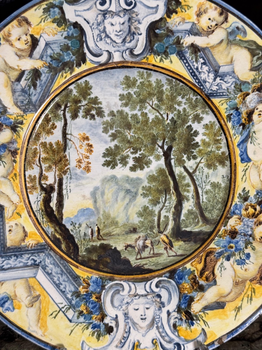 Assiette en faïence Castelli à décor champêtre, Carlo Antonio Grue, début du XVIIIe siècle-photo-2