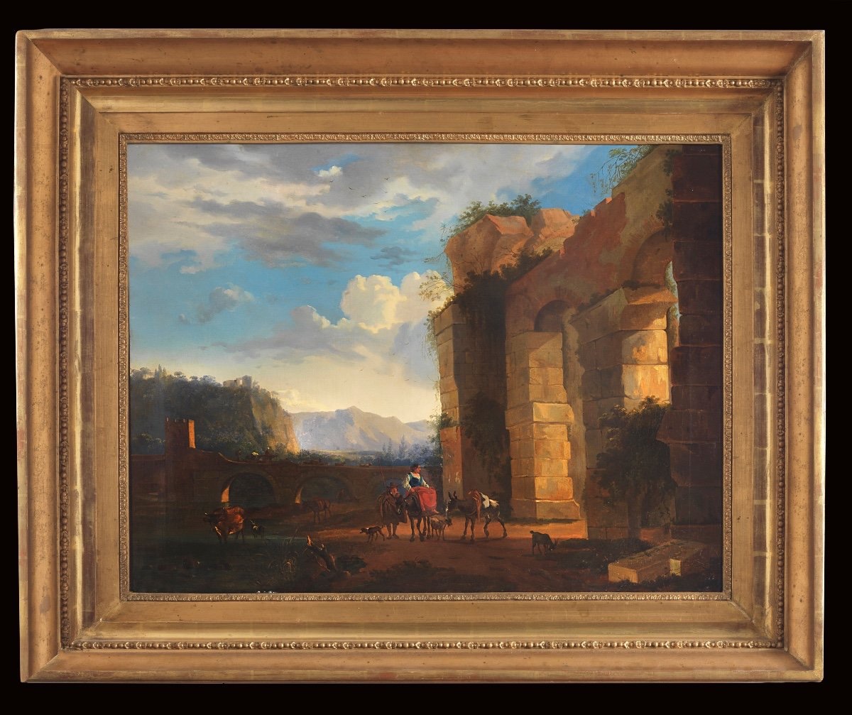 Italian-style Landscape With Classical Ruins And Travelers, Flemish School, 18th Century