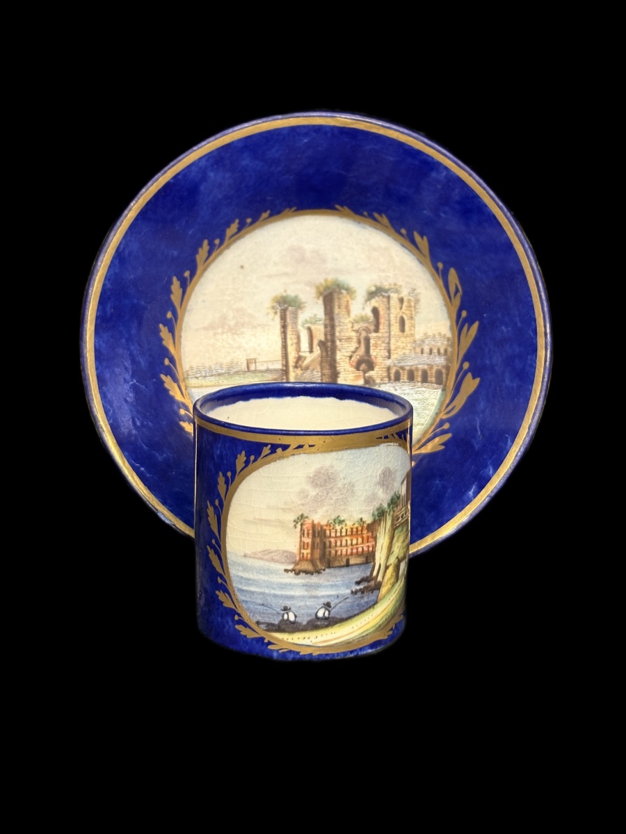 Porcelain Cup And Saucer, Blue Base With Gold Landscape Decoration, Giustiniani Manufactory-photo-3