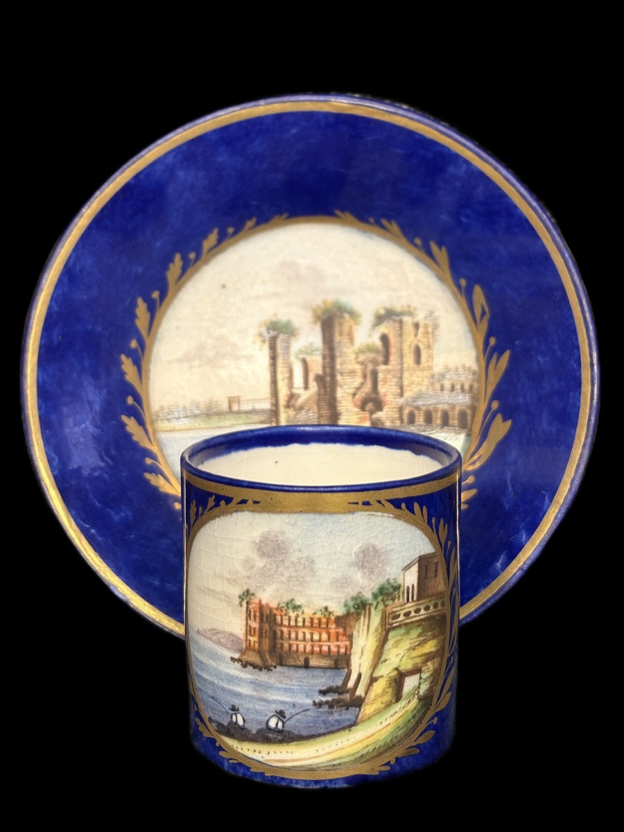 Porcelain Cup And Saucer, Blue Base With Gold Landscape Decoration, Giustiniani Manufactory