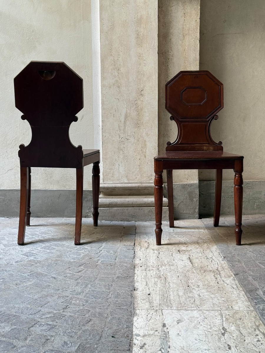 Pair Of Mahogany Entryway Chairs, Neoclassical Style, 19th-century England-photo-4