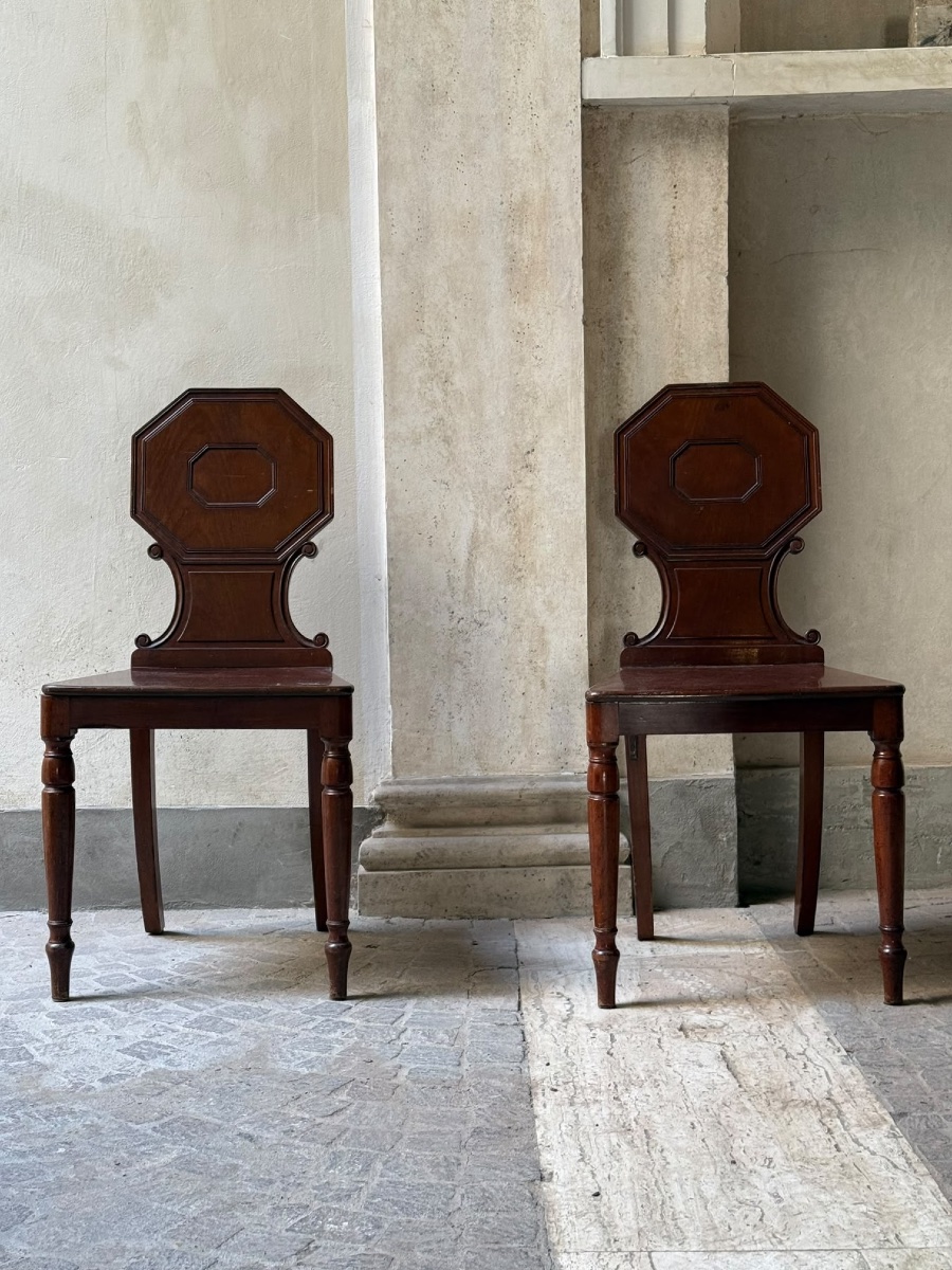 Pair Of Mahogany Entryway Chairs, Neoclassical Style, 19th-century England