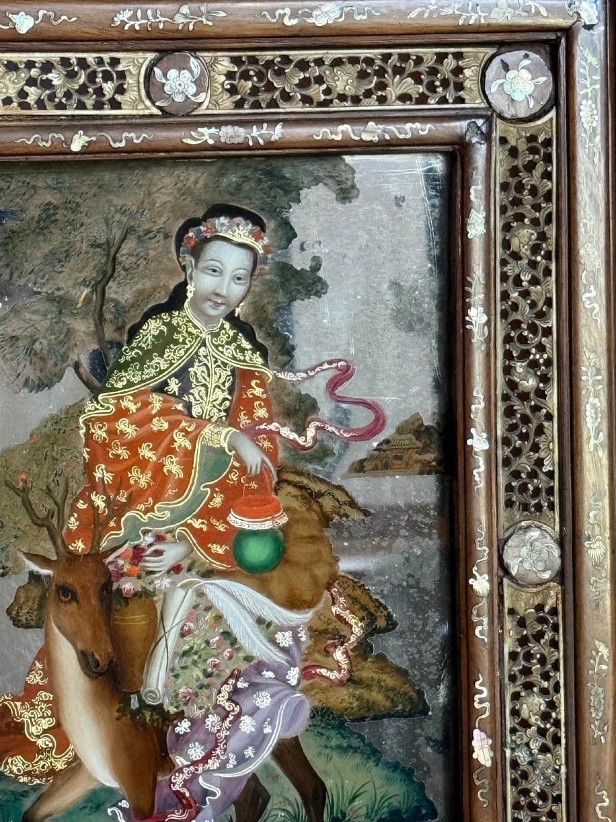 Painted Mirror Depicting An Eastern Figure Riding A Deer, China, 19th Century-photo-4