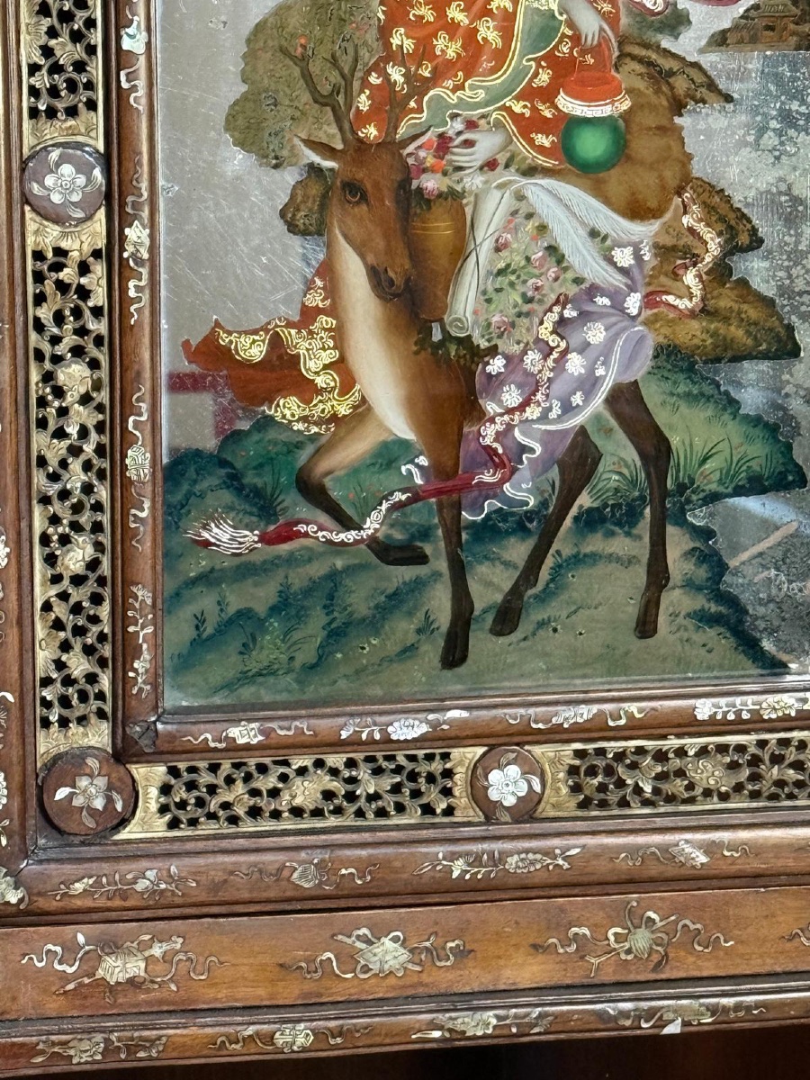 Painted Mirror Depicting An Eastern Figure Riding A Deer, China, 19th Century-photo-1